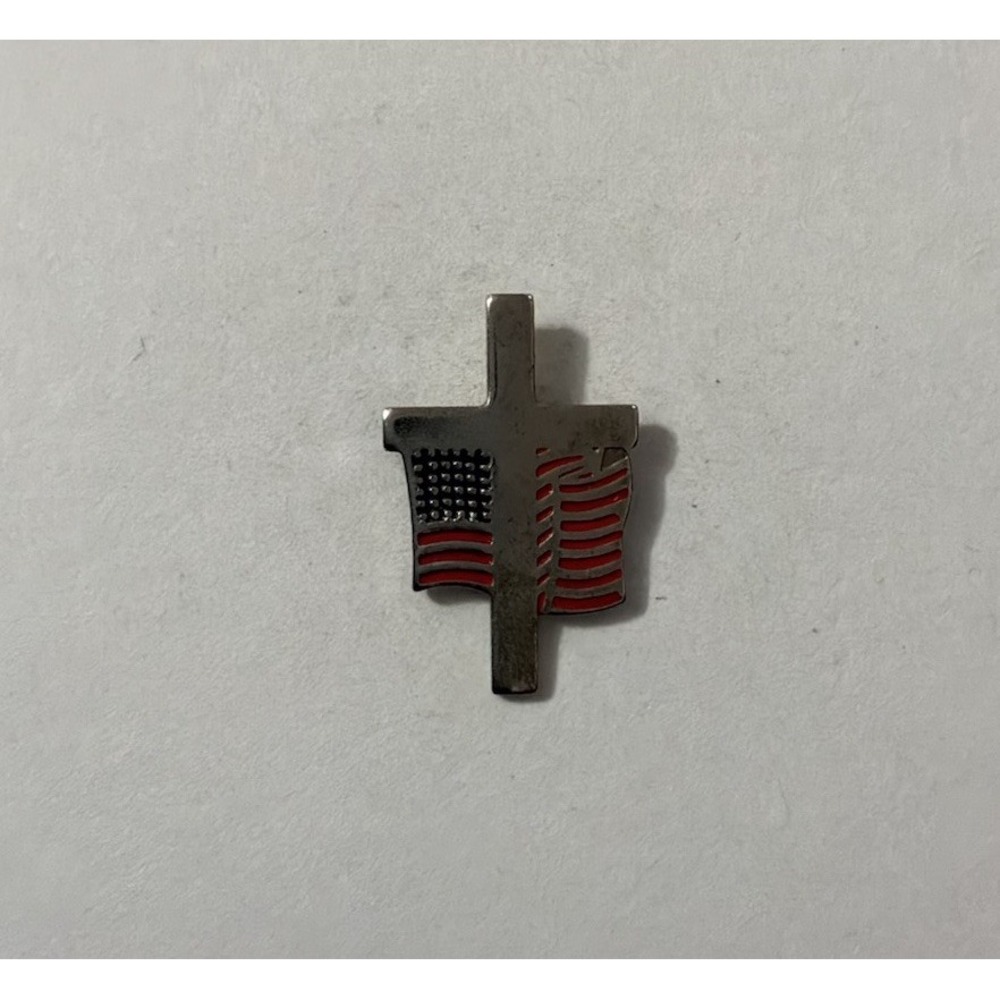 American Flag Cross USA Lapel Hat Pin Brooch Patriotic Silver Tone Enamel